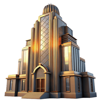 impressive artistic Art Deco skyscraper, intricate geometric facade, chrome accents, sunset lighting, volumetric lighting, ray tracing, 8k, hyperrealistic, genuine png