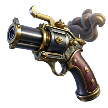 elegant modern A sleek steampunk pistol, polished dark metal with gold filigree, steam venting from the barrel, dramatic chiaroscuro lighting genuine png