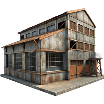serene vintage Abandoned industrial building, rusting metal, broken windows, overcast daylight, urban decay style, photorealistic, authentic png