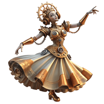 serene classic A steampunk automaton in the form of a graceful dancer, with intricate clockwork mechanisms visible beneath her flowing gown, lit by soft stage lighting. Art Deco style high quality png