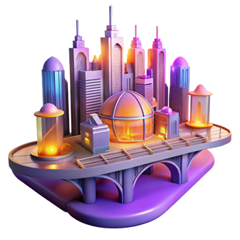 beautiful traditional A futuristic cityscape built on floating platforms, interconnected by glowing bridges, sunset lighting with warm orange and purple hues, utopian future style exclusive png