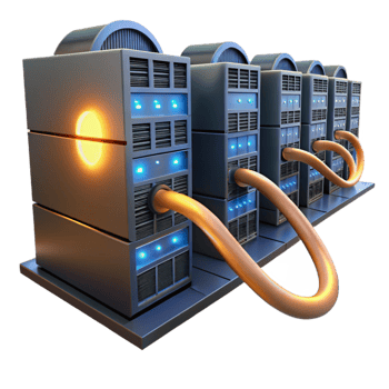 dramatic creative A server farm stretching into infinity, glowing server racks and cables, low-key lighting, digital painting style high resolution png
