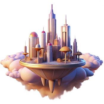stunning vintage A futuristic city floating among the clouds, vibrant sunset colors, fantasy art style premium png