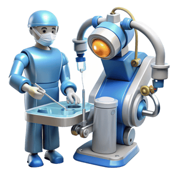 magnificent classic A robotic surgeon performing a complex operation, intricate details on the robot's arms and tools, bright, sterile lighting, medical robotics style high quality png