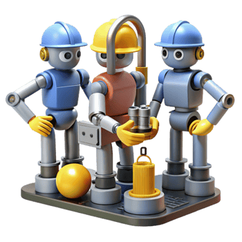 wonderful artistic A group of robots collaborating on a complex engineering project, industrial lighting, realistic rendering authentic png