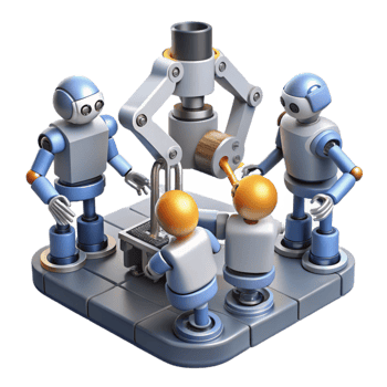 vibrant modern A group of robots collaborating on a complex engineering project, industrial lighting, realistic rendering genuine png