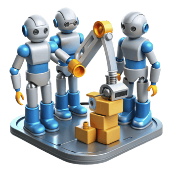 extraordinary classic A group of robots collaborating on a complex engineering project, industrial lighting, realistic rendering original png