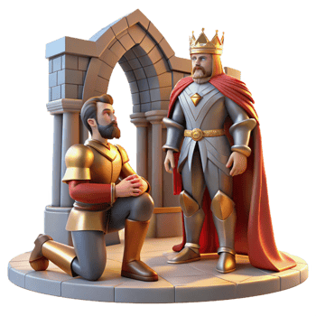 wonderful modern A medieval knight kneels before a king in a castle courtyard, lit by the bright midday sun. Realistic, detailed armor and clothing detailed png