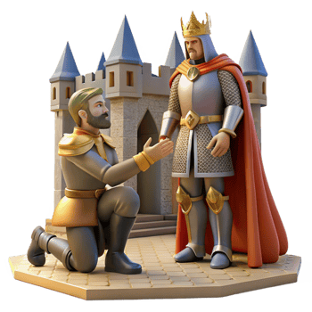 stunning traditional A medieval knight kneels before a king in a castle courtyard, lit by the bright midday sun. Realistic, detailed armor and clothing exclusive png