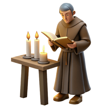 elegant traditional A monk illuminates a manuscript in a medieval monastery, lit by a single candle. Chiaroscuro lighting, realistic style original png