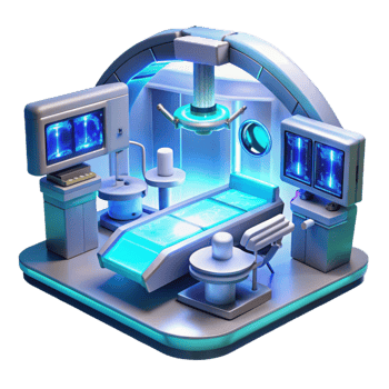 serene contemporary A futuristic hospital operating room with holographic displays, sterile blue lighting, medical illustration style detailed png