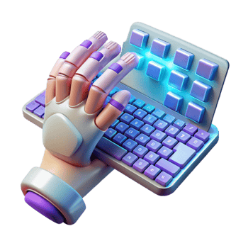 impressive minimalist A bionic hand typing on a holographic keyboard, ambient lighting, cyberpunk style 4K png