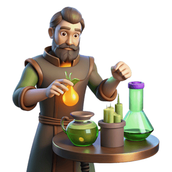elegant classic A medieval alchemist mixing potions in his laboratory, lit by the glow of his equipment. Mystical, fantasy art style original png