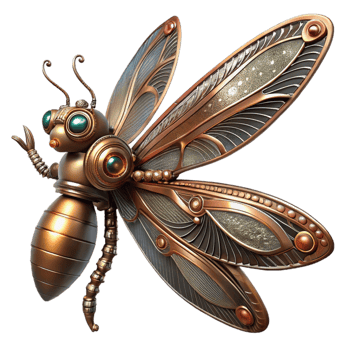 magnificent artistic A steampunk inspired mechanical dragonfly, delicate filigree wings, brass and copper body, brightly lit by a midday sun original png