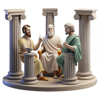 beautiful classic A group of ancient Greek philosophers debating in the Agora, lit by bright sunlight. Classical art style, realistic depictions 4K png