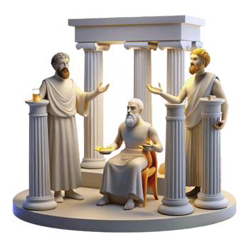 dramatic abstract A group of ancient Greek philosophers debating in the Agora, lit by bright sunlight. Classical art style, realistic depictions genuine png