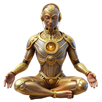 dramatic minimalist A cyborg with intricate, golden circuitry woven into their skin meditates within a crystalline cavern, bathed in soft, bioluminescent light. Biopunk, ethereal style exclusive png