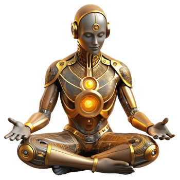 impressive classic A cyborg with intricate, golden circuitry woven into their skin meditates within a crystalline cavern, bathed in soft, bioluminescent light. Biopunk, ethereal style high quality png