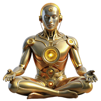 magnificent rustic A cyborg with intricate, golden circuitry woven into their skin meditates within a crystalline cavern, bathed in soft, bioluminescent light. Biopunk, ethereal style authentic png