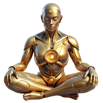 vibrant vintage A cyborg with intricate, golden circuitry woven into their skin meditates within a crystalline cavern, bathed in soft, bioluminescent light. Biopunk, ethereal style exclusive png