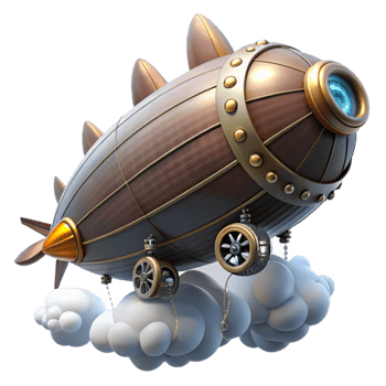 dramatic rustic A steampunk zeppelin, sleek design with visible gears and propellers, soaring through a cloudy sky, dramatic, cinematic lighting genuine png