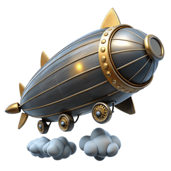 wonderful artistic A steampunk zeppelin, sleek design with visible gears and propellers, soaring through a cloudy sky, dramatic, cinematic lighting premium png