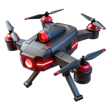 stunning artistic A futuristic weaponized drone hovers menacingly, its sleek, black chassis reflecting the red glow of its targeting system. Military sci-fi, photorealistic style high quality png