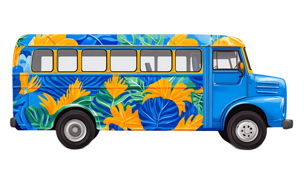 Colorful Retro Bus with Tropical Floral Pattern png