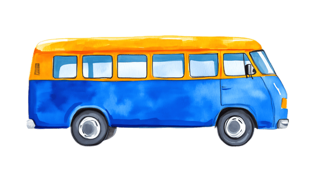 Colorful Playful Cartoon-style Illustrated School Bus on the Road png