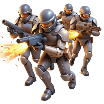 vibrant traditional A group of cybernetically enhanced soldiers charges into battle, their energy weapons blazing, illuminated by muzzle flashes and explosions. Military sci-fi, dynamic style premium png