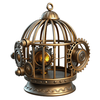 beautiful creative A steampunk birdcage, intricate metalwork and gears, containing a mechanical bird, dramatic, backlighting exclusive png
