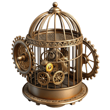 magnificent contemporary A steampunk birdcage, intricate metalwork and gears, containing a mechanical bird, dramatic, backlighting 4K png