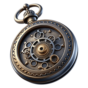 impressive rustic An engraved illustration of a Victorian-era pocket watch with intricate gears and Roman numerals, etched metal texture, dark, moody lighting premium png
