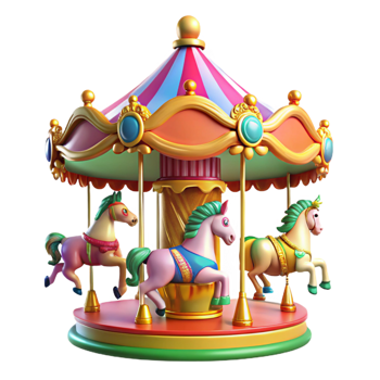 magnificent rustic A colorful painting of a vintage carousel with brightly painted horses and whimsical decorations, bright, cheerful lighting, carnival style detailed png