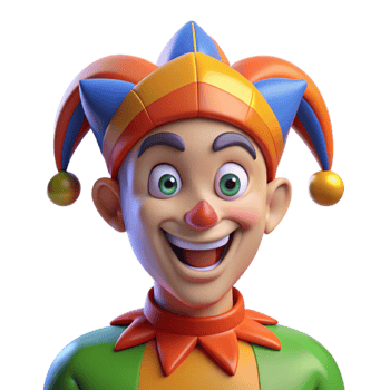 vibrant creative Portrait of a grinning jester with mismatched eyes, vibrant face paint, brightly lit stage lighting, theatrical style high resolution png