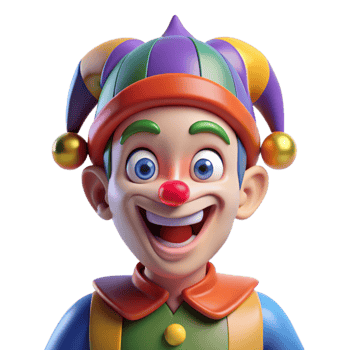 dramatic modern Portrait of a grinning jester with mismatched eyes, vibrant face paint, brightly lit stage lighting, theatrical style authentic png