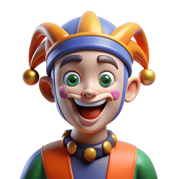 serene modern Portrait of a grinning jester with mismatched eyes, vibrant face paint, brightly lit stage lighting, theatrical style high resolution png