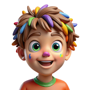 dramatic artistic Portrait of a curious child with wide eyes, messy hair, brightly colored crayon markings on their face, playful style premium png