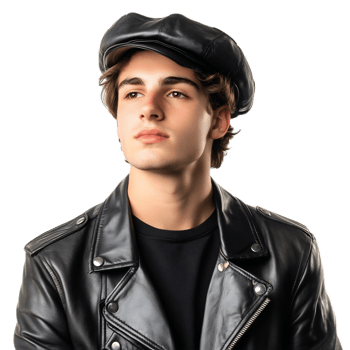 Confident Young Man in Leather Jacket and Hat Posing Outdoors in Urban Setting png
