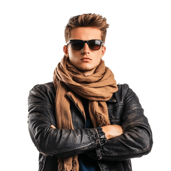 Confident and Stylish Young Man in Fashionable Leather Jacket and Scarf Posing Outdoors in Urban City Setting png
