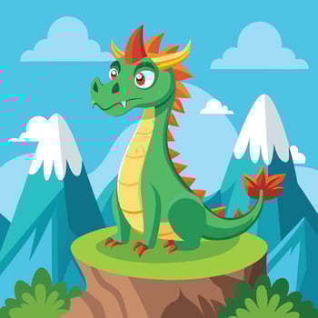 Majestic Dragon Standing Atop a Misty Mountain Cartoon Icon vector