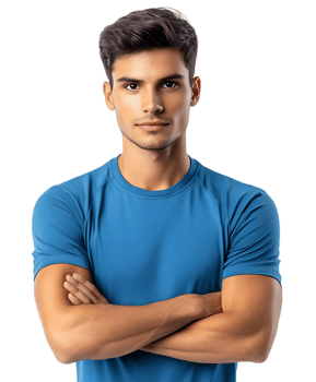 Confident Young Athletic Man in Blue Shirt Posing with Arms Crossed png