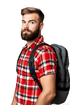 Confident Outdoor Adventurer in Plaid Shirt Carrying Backpack png