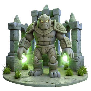 beautiful contemporary A stoic golem, crafted from stone and moss, standing guard in a forgotten temple, lit by shafts of moonlight. Art style Fantasy art professional png