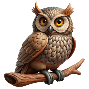 serene minimalist A wise old owl perched on a gnarled branch, intricate feather details, dimly lit, oil painting style high quality png