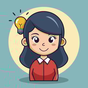 Cute Woman Cartoon Icon with Thought Bubble and Lightbulb vector