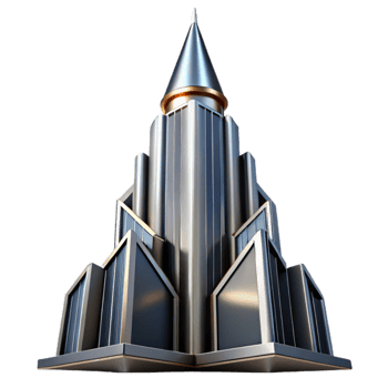 extraordinary modern Art Deco skyscraper, chrome and black glass, sharp angles, volumetric lighting, cinematic, premium png