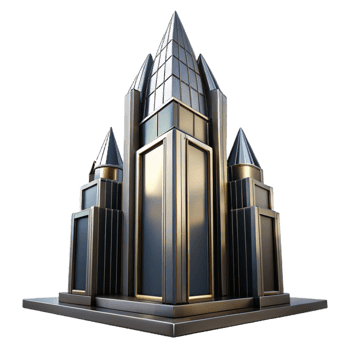 beautiful modern Art Deco skyscraper, chrome and black glass, sharp angles, volumetric lighting, cinematic, high quality png