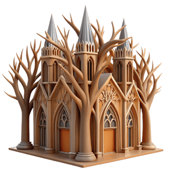 extraordinary minimalist Gothic cathedral made of intertwined tree branches, dappled sunlight, hyperrealistic, detailed png