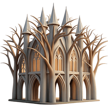 vibrant traditional Gothic cathedral made of intertwined tree branches, dappled sunlight, hyperrealistic, high quality png